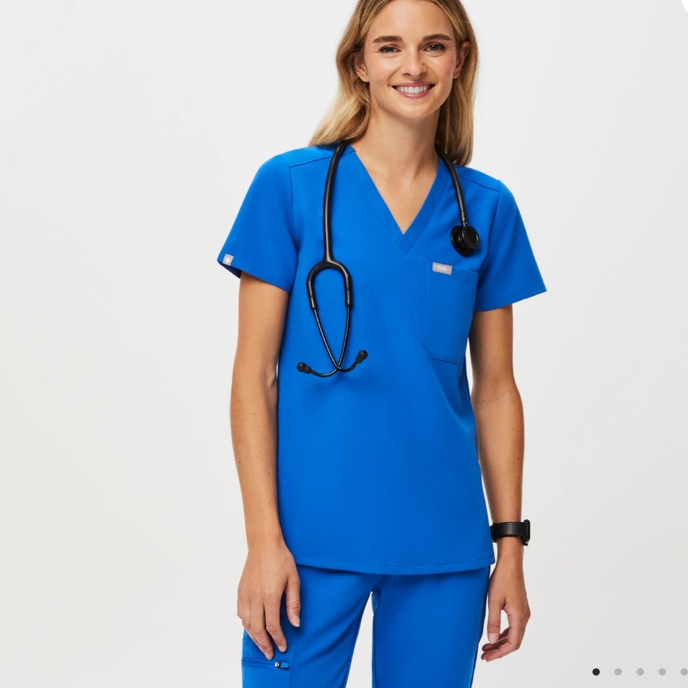 Figs Women's Vibrant Blue Short Sleeve scrub top and Livingston pants